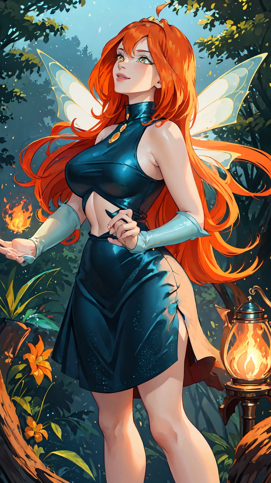 masterpiece, best quality, ultra-detailed, Bloom, milf, mature face, tall, thick, orange hair, bangs, long hair, fairy outfit, sleeveless, blue skirt, sparkling clothing, fairy wings, tiara, standing, smile, in the forest, cowboy shot, realistic, volumetric lighting, intricate details, tonemapping, sharp focus, hyper detailed, Hot cleavage, Big breasts, (((Dark Bloom))), (((yellow eyes))), (((black outfit)))