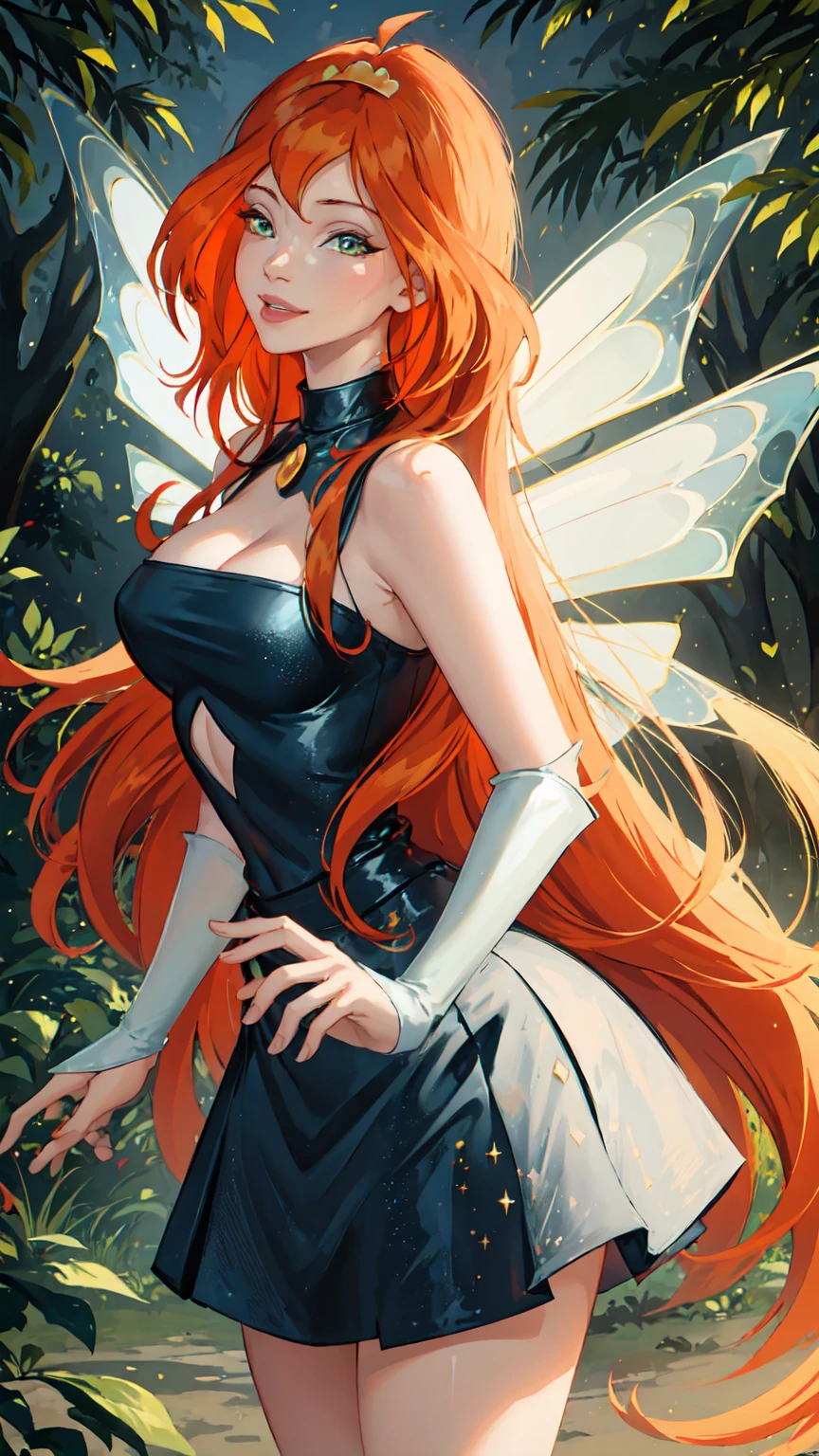 masterpiece, best quality, ultra-detailed, Bloom, milf, mature face, tall, thick, orange hair, yellow eyes, bangs, long hair, fairy outfit, black lingerie, sleeveless, black skirt, sparkling clothing, fairy wings, tiara, standing, smile, in the forest, cowboy shot, realistic, volumetric lighting, intricate details, tonemapping, sharp focus, hyper detailed, Hot cleavage, Big breasts, 