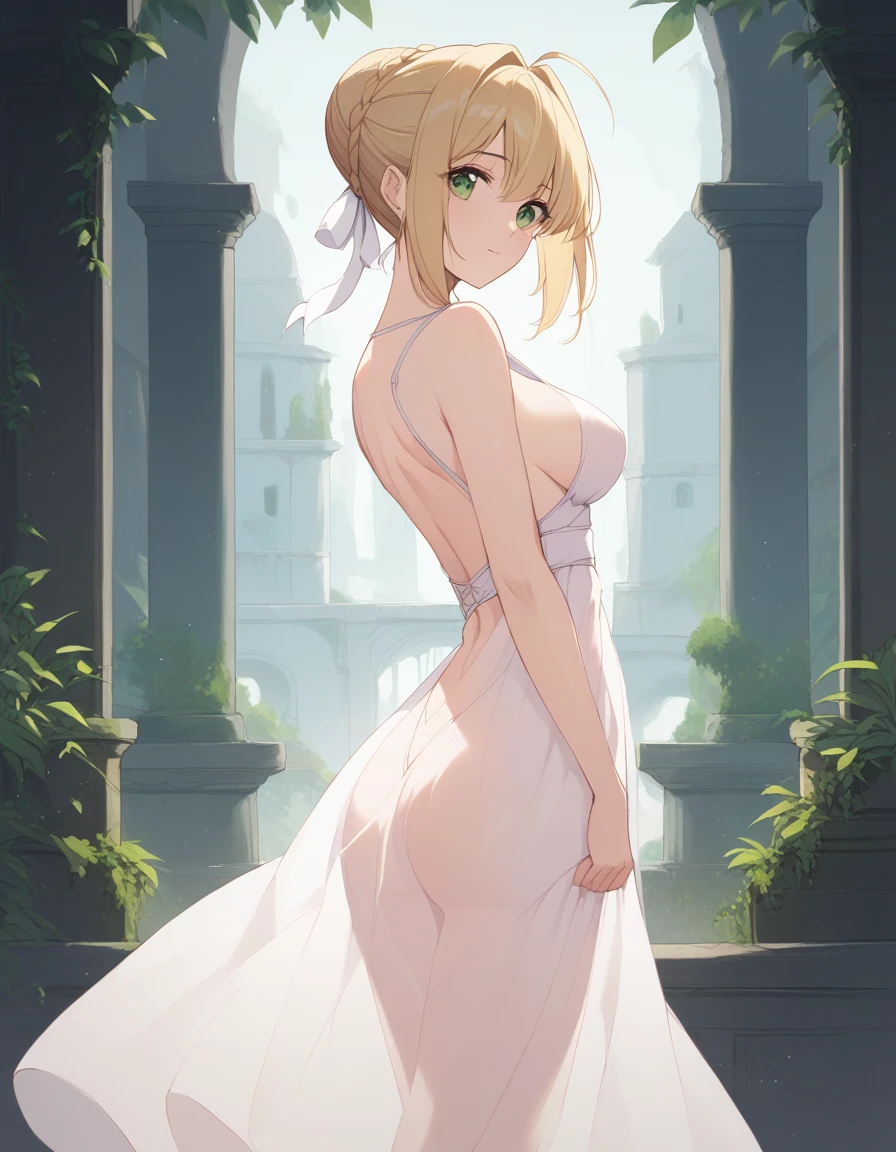 (((masterpiece, ultra-detailed))), nsfw, white backless dress, ((translucent clothing)), standing,1Girl ,thirties blonde hair, french braid, single hair bun, green eyes, ahoge, ruins
