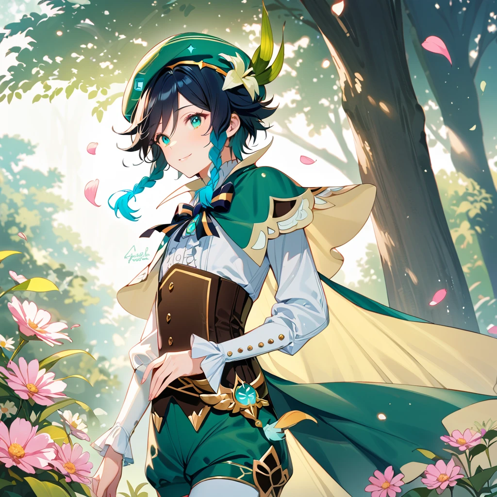 (best quality,4k,8k,highres,masterpiece:1.2),1boy,venti genshin impact,male focus,flat chest,ultra-detailed,realistic,(dsmile:0.5),morning of spring,delicate light rays,rich color palette,elegant curves,effects of light and shadow,flower petals falling,springtime essence,ethereal atmosphere,peaceful garden background,morning dew,soft sunlight filtering through trees,lush plants,komorebi,vividly colored blossoms,transcendent beauty,awe-inspiring artwork,white long-sleeved shirt, brown corset,green shorts, white tights,green cape,hat,brooch,green eyes,flirty smile,cinematic lighting, ray tracing, UHD, high details, high quality, award winning, super detail,wind magic