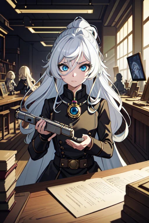 ((masterpiece, best quality))
 CyberRogueOld, 1girl, white hair, long hair, in a steampunk laboratory, surrounded by intricate contraptions and brass gadgets advanced alien technology, detailed portrait, cell shaded, 4k, concept art, by wlop, ilya kuvshinov, artgerm, krenz cushart, greg rutkowski, pix