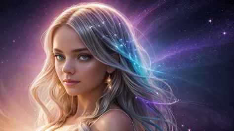 create a stunning portrait of an ethereal young woman surrounded by a mesmerizing display of magical elements. the woman should ...