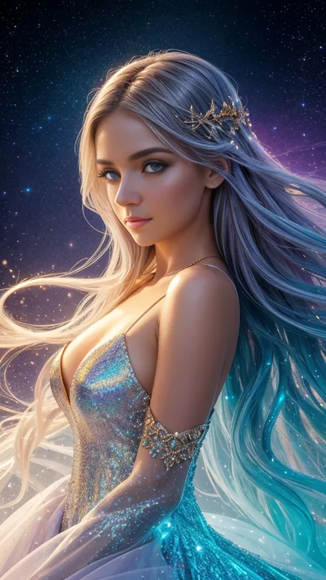 create a stunning portrait of an ethereal young woman surrounded by a mesmerizing display of magical elements. the woman should ...