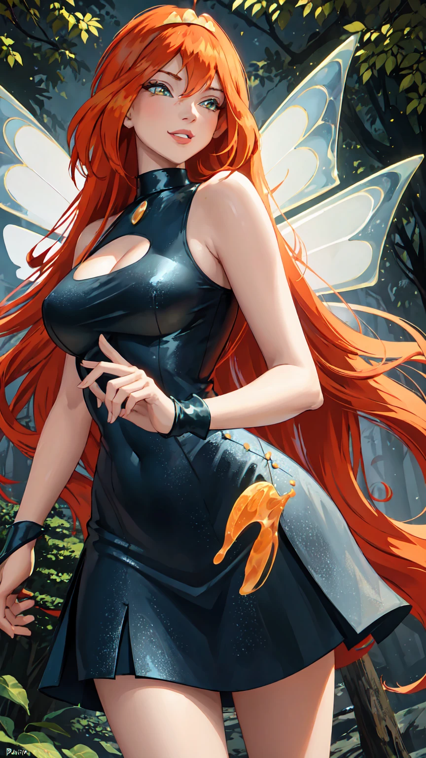 masterpiece, best quality, ultra-detailed, Bloom, milf, mature face, tall, thick, orange hair, yellow eyes, bangs, long hair, fairy outfit, black lingerie, sleeveless, black skirt, sparkling clothing, fairy wings, tiara, standing, smile, in the forest, cowboy shot, realistic, volumetric lighting, intricate details, tonemapping, sharp focus, hyper detailed, Hot cleavage, Big breasts, 