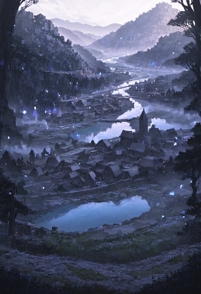 Artwork, excessive brutalism, (dreamy landscape), stunning landscape, Clear scenario, small village, Raby, Medieval Village, fancy, river passing through the village, elven houses, big tree in the background