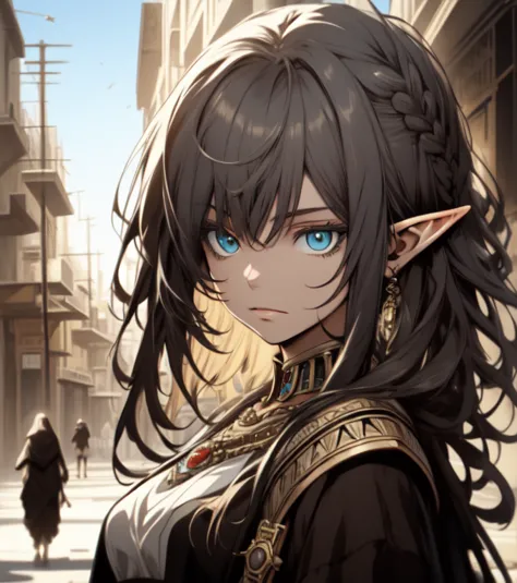 ((best quality, 8k, masterpiece :1.3)), young elf woman,  bangs, sidelock, braid, silver hair, bright eyes, egypt concept, egypt...