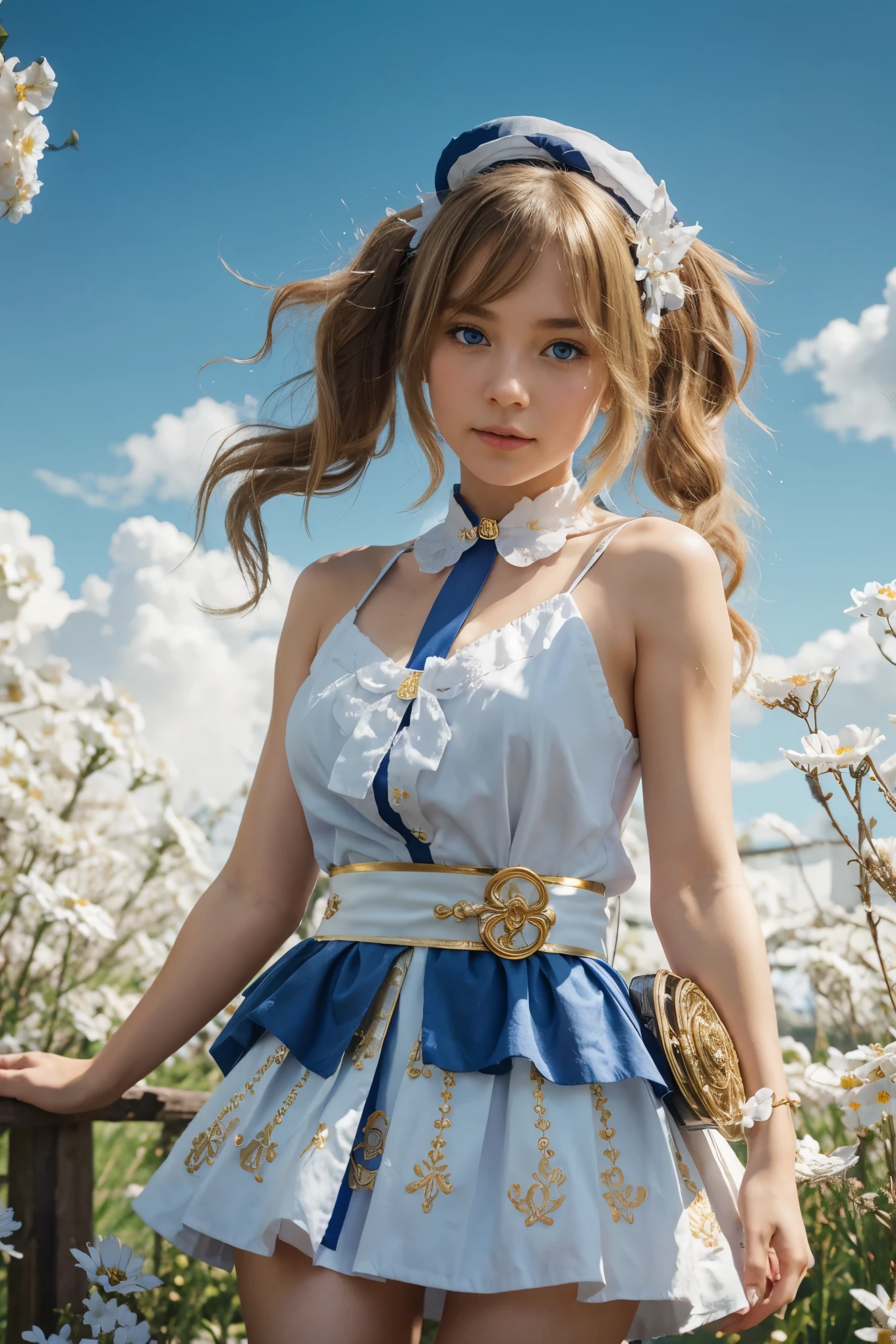 {Charming anime girl with wavy, light brown hair adorned with white floral accessories and a navy blue hat with golden accents, her bright blue eyes sparkle with delight:0.9}, {She wears a whimsical sailor dress in pristine white with navy blue and golden trim, a large bow with a cross motif at the collar, and a decorative blue sash around her waist. The outfit is embellished with intricate gold detailing and small charms, evoking a sense of enchantment:0.8}, [Set against a serene, early evening sky with gentle hues of blue and orange merging at the horizon, over a vibrant meadow blooming with white daisies, creating a peaceful and idyllic setting:0.7}, {The artwork is rendered in a clear and vivid anime style, capturing the soft textures of her hair and the delicate fabric of her dress, while the background blends a painterly touch to emphasize the magical, almost storybook quality of the scene:0.9},
{The overall composition is bright and airy, with a focus on high dynamic range that accentuates the light filtering through her hair and the reflective qualities of her eyes, enhancing the youthful and optimistic aura of the character:0.8}