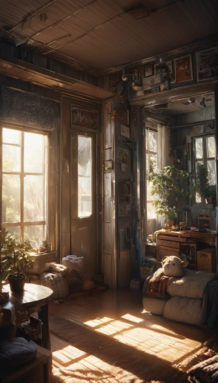 intricate interior, cozy small apartment, maple tree visible through window, open doorway, warm lighting, wooden furniture, plush textiles, detailed decor, potted plants, natural sunlight, photorealistic, cinematic lighting, detailed textures, realistic, highly detailed, 8k, masterpiece, stunning, dramatic lighting, moody atmosphere