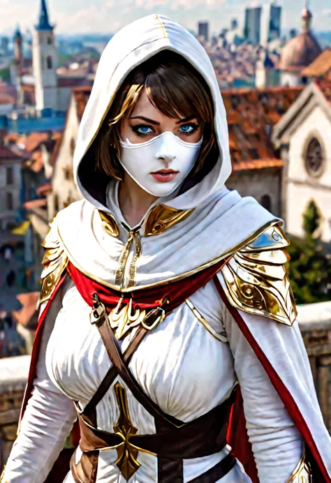 a full-body shot of princess zelda (aubrey plaza), brown hair, blue eyes, dressed as an assassin from assassins creed, in white+...