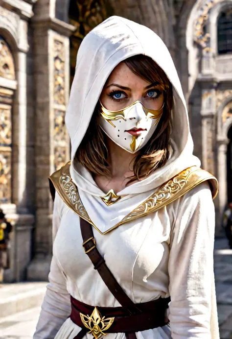 a full-body shot of princess zelda (aubrey plaza), brown hair, blue eyes, dressed as an assassin from assassins creed, in white+...