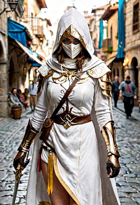 a full-body shot of princess zelda (aubrey plaza), brown hair, blue eyes, dressed as an assassin from assassins creed, in white+...