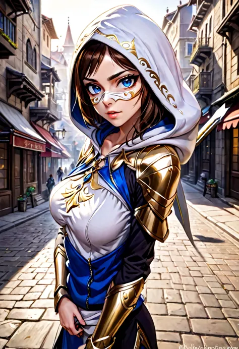 a full-body shot of princess zelda (aubrey plaza), brown hair, blue eyes, dressed as an assassin from assassins creed, in white+...