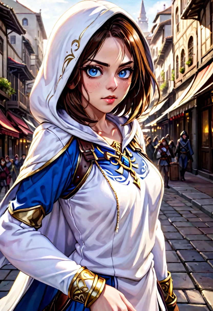 A full-body shot of Princess Zelda (Aubrey Plaza), brown hair, blue eyes, dressed as an Assassin from Assassins Creed, in white+gold witha white mask and hood with gold details, XL bust, using a wrist blade. Background: A city during the renaissance period. Unreal Engine 5, Anime, Anime style, Masterpiece, Well drawn eyes, well drawn face, well detailed eyes, well detailed face, 8k, light and shadow effect.
