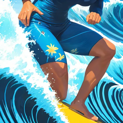 surfer in blue wetsuit riding a wave on a yellow surfboard, jen bartel, surfing, stylized digital illustration, highly detailed ...