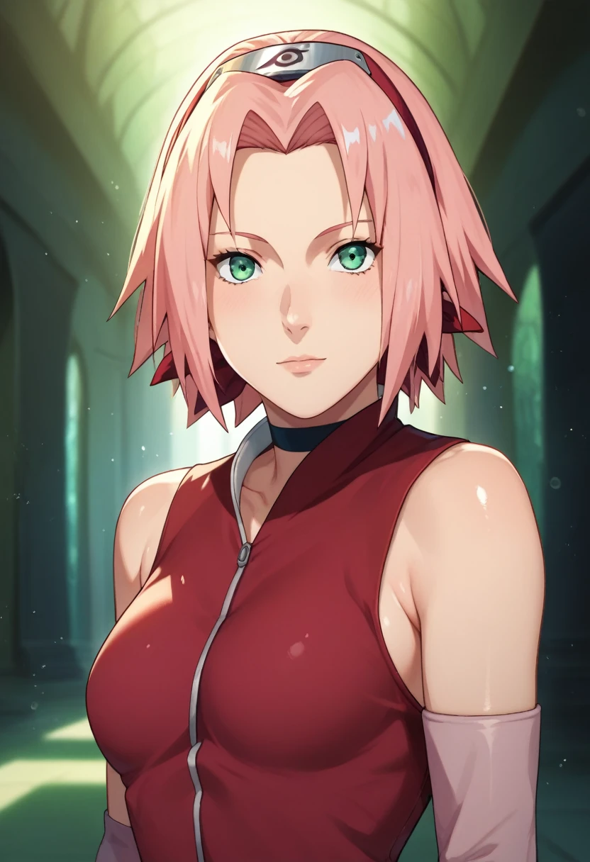 score_9,score_8_up,score_7_up,score_6_up,score_5_up,score_4_up BREAK skinny,choker,medium breasts,detached sleeves,outdoors,forest,shiny skin,bokeh,bloom,indoors,light particles,castle,space,1girl,haruno sakura,pink hair,short,hair,green eyes,forehead protector, seductive pose