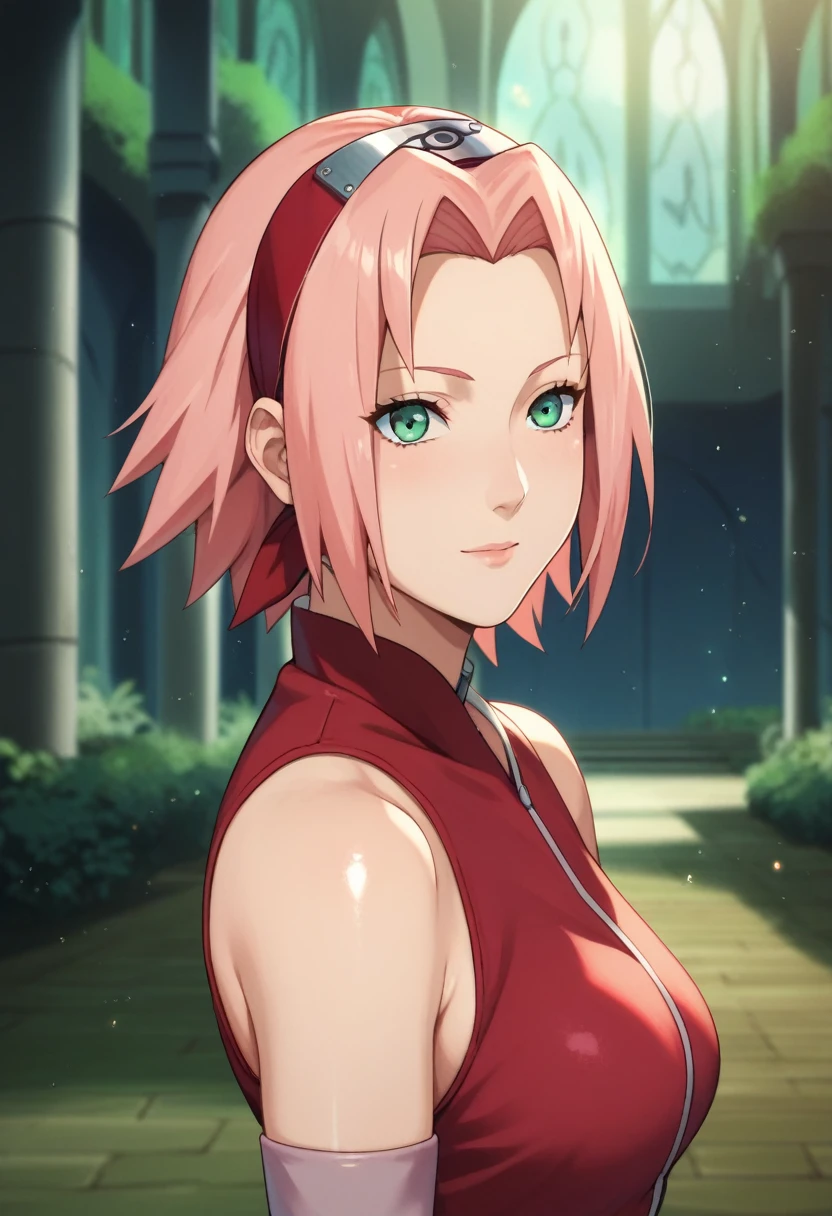 score_9,score_8_up,score_7_up,score_6_up,score_5_up,score_4_up BREAK skinny,choker,medium breasts,detached sleeves,outdoors,forest,shiny skin,bokeh,bloom,indoors,light particles,castle,space,1girl,haruno sakura,pink hair,short,hair,green eyes,forehead protector, seductive pose