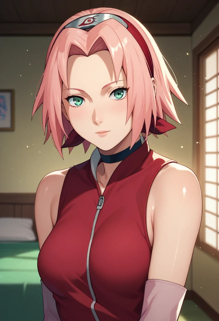 score_9,score_8_up,score_7_up,score_6_up,score_5_up,score_4_up BREAK skinny,choker,medium breasts,detached sleeves, indoors ,shiny skin,bokeh,bloom,indoors,light particles, bedroom,1girl,haruno sakura,pink hair,short,hair,green eyes,forehead protector, seductive pose