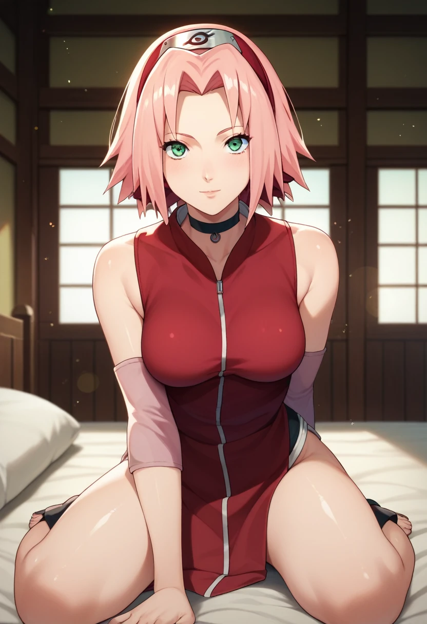 score_9,score_8_up,score_7_up,score_6_up,score_5_up,score_4_up BREAK skinny,choker,medium breasts,detached sleeves, indoors ,shiny skin,bokeh,bloom,indoors,light particles, bedroom,1girl,haruno sakura,pink hair,short,hair,green eyes,forehead protector, seductive pose, demonstrating her full body