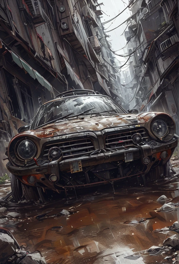 qualidade incrível, obra de arte, melhor qualidade, hiper detalhado, ultra detalhado,foto, inverno, Escuro, crepúsculo, um carro velho abandonado Toyota Corolla KE 35, um mato , quadro desgastado e desgastado,manchas e pontos de ferrugem