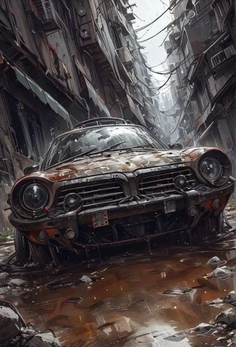 amazing quality, masterpiece, best quality, hyper detailed, ultra detailed,photo, winter, dark, dusk, an abandoned old car toyot...