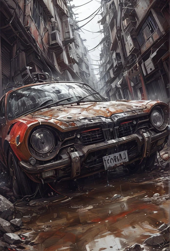 qualidade incrível, obra de arte, melhor qualidade, hiper detalhado, ultra detalhado,foto, inverno, Escuro, crepúsculo, um carro velho abandonado Toyota Corolla KE 35, um mato , quadro desgastado e desgastado,manchas e pontos de ferrugem, robô, Transformador