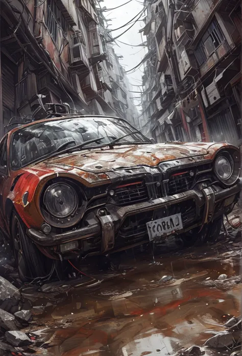 amazing quality, masterpiece, best quality, hyper detailed, ultra detailed,photo, winter, dark, dusk, an abandoned old car toyot...