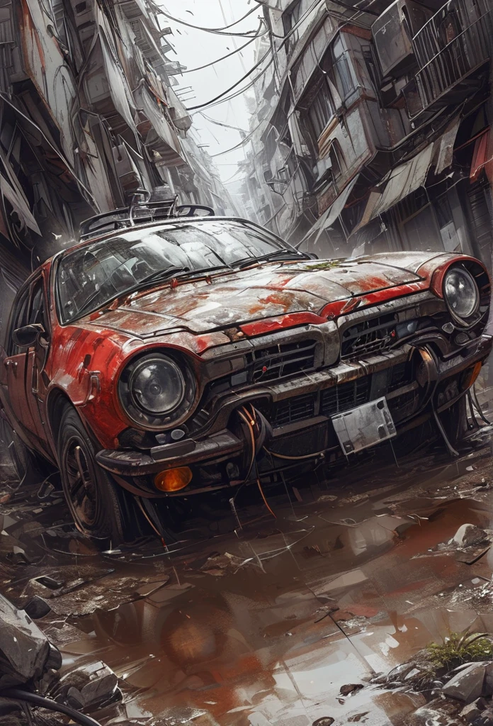 qualidade incrível, obra de arte, melhor qualidade, hiper detalhado, ultra detalhado,foto, inverno, Escuro, crepúsculo, um carro velho abandonado Toyota Corolla KE 35, um mato , quadro desgastado e desgastado,manchas e pontos de ferrugem, robô, Transformador