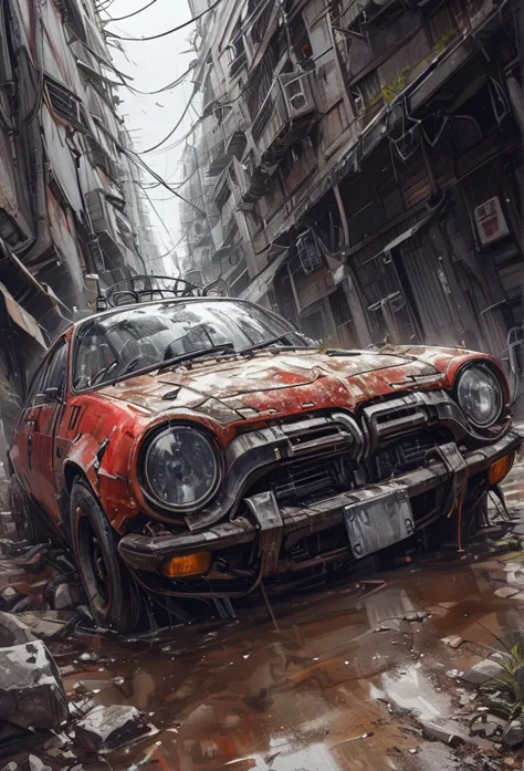 amazing quality, masterpiece, best quality, hyper detailed, ultra detailed,photo, winter, dark, dusk, an abandoned old car toyot...