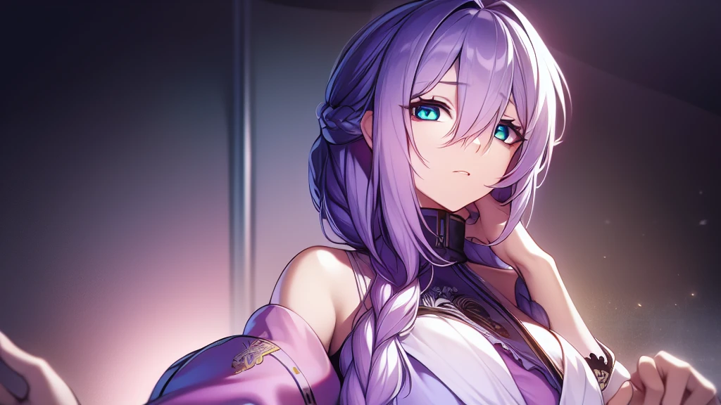 SatousAunt, light purple hair, long hair, single braid, pink dress, futuristic office, visual novel cg style, BREAK looking at viewer, BREAK (masterpiece:1.2), best quality, high resolution, unity' 8k wallpaper, (illustration:0.8), (beautiful detailed eyes:1.6), extremely detailed face, perfect lighting, extremely detailed CG, (perfect hands, perfect anatomy)