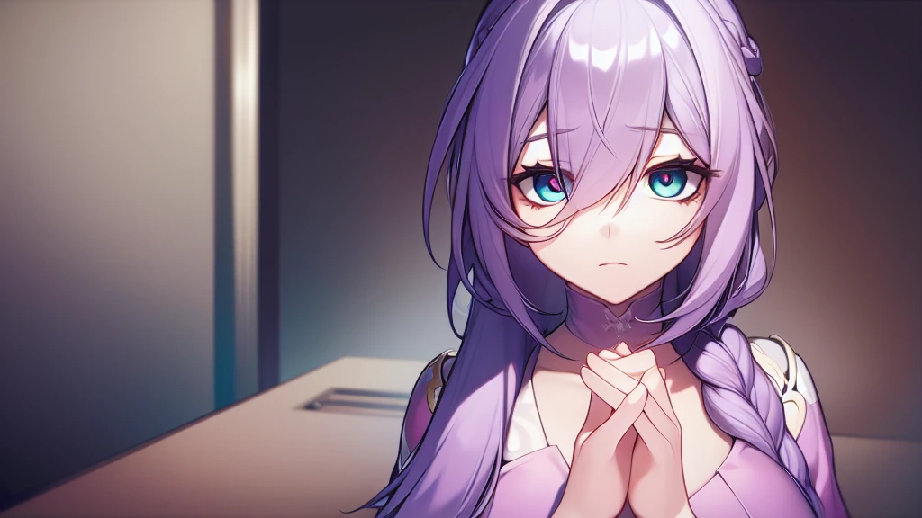 SatousAunt, light purple hair, long hair, single braid, pink dress, futuristic office, visual novel cg style, BREAK looking at viewer, BREAK (masterpiece:1.2), best quality, high resolution, unity' 8k wallpaper, (illustration:0.8), (beautiful detailed eyes:1.6), extremely detailed face, perfect lighting, extremely detailed CG, (perfect hands, perfect anatomy)