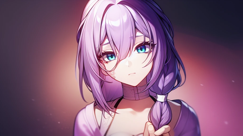 SatousAunt, light purple hair, long hair, single braid, pink dress, futuristic office, visual novel cg style, BREAK looking at viewer, BREAK (masterpiece:1.2), best quality, high resolution, unity' 8k wallpaper, (illustration:0.8), (beautiful detailed eyes:1.6), extremely detailed face, perfect lighting, extremely detailed CG, (perfect hands, perfect anatomy)