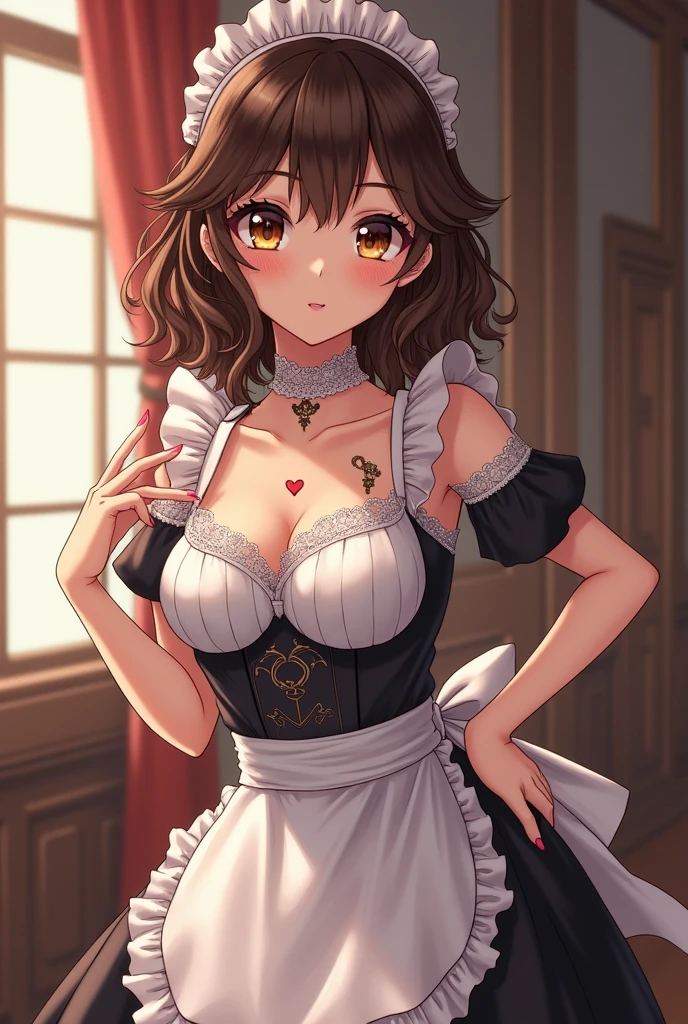 Young woman manga heart brown hair mid-length wavy brown eyes elongated heart tattoo big chest maid