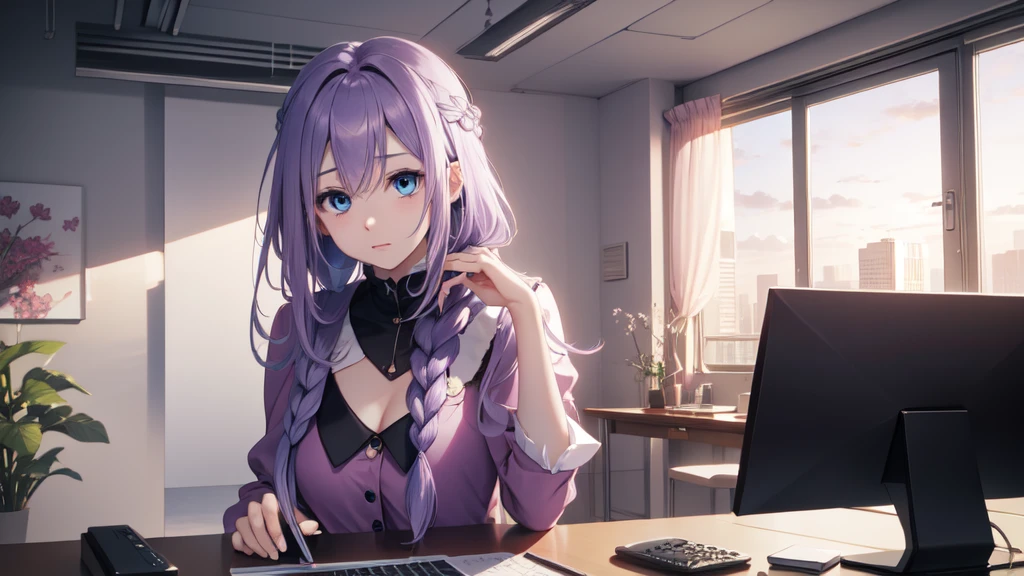 SatousAunt, light purple hair, long hair, single braid, pink dress, futuristic office, visual novel cg style, BREAK looking at viewer, BREAK (masterpiece:1.2), best quality, high resolution, unity' 8k wallpaper, (illustration:0.8), (beautiful detailed eyes:1.6), extremely detailed face, perfect lighting, extremely detailed CG, (perfect hands, perfect anatomy)