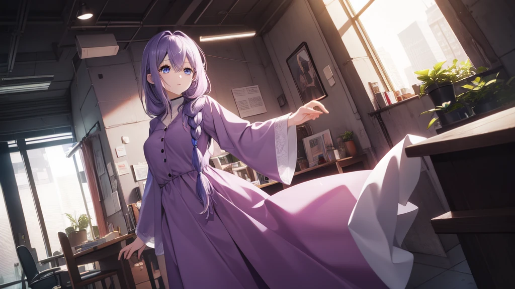 SatousAunt, light purple hair, long hair, single braid, pink dress, futuristic office, visual novel cg style, BREAK looking at viewer, BREAK (masterpiece:1.2), best quality, high resolution, unity' 8k wallpaper, (illustration:0.8), (beautiful detailed eyes:1.6), extremely detailed face, perfect lighting, extremely detailed CG, (perfect hands, perfect anatomy)