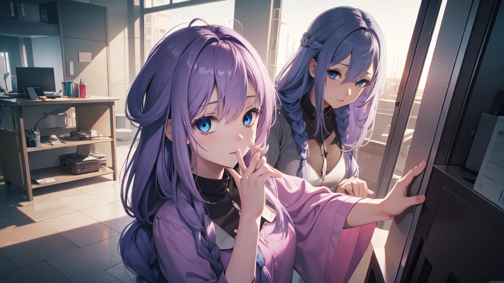 SatousAunt, light purple hair, long hair, single braid, pink dress, futuristic office, visual novel cg style, BREAK looking at viewer, BREAK (masterpiece:1.2), best quality, high resolution, unity' 8k wallpaper, (illustration:0.8), (beautiful detailed eyes:1.6), extremely detailed face, perfect lighting, extremely detailed CG, (perfect hands, perfect anatomy)