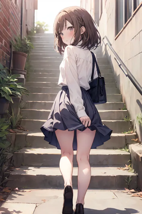 animese anime girl in skirt and blouse, walking up the stairs, 1girl, stairs, skirt, brown hair,long hair,solo, grey skirt, ((((...