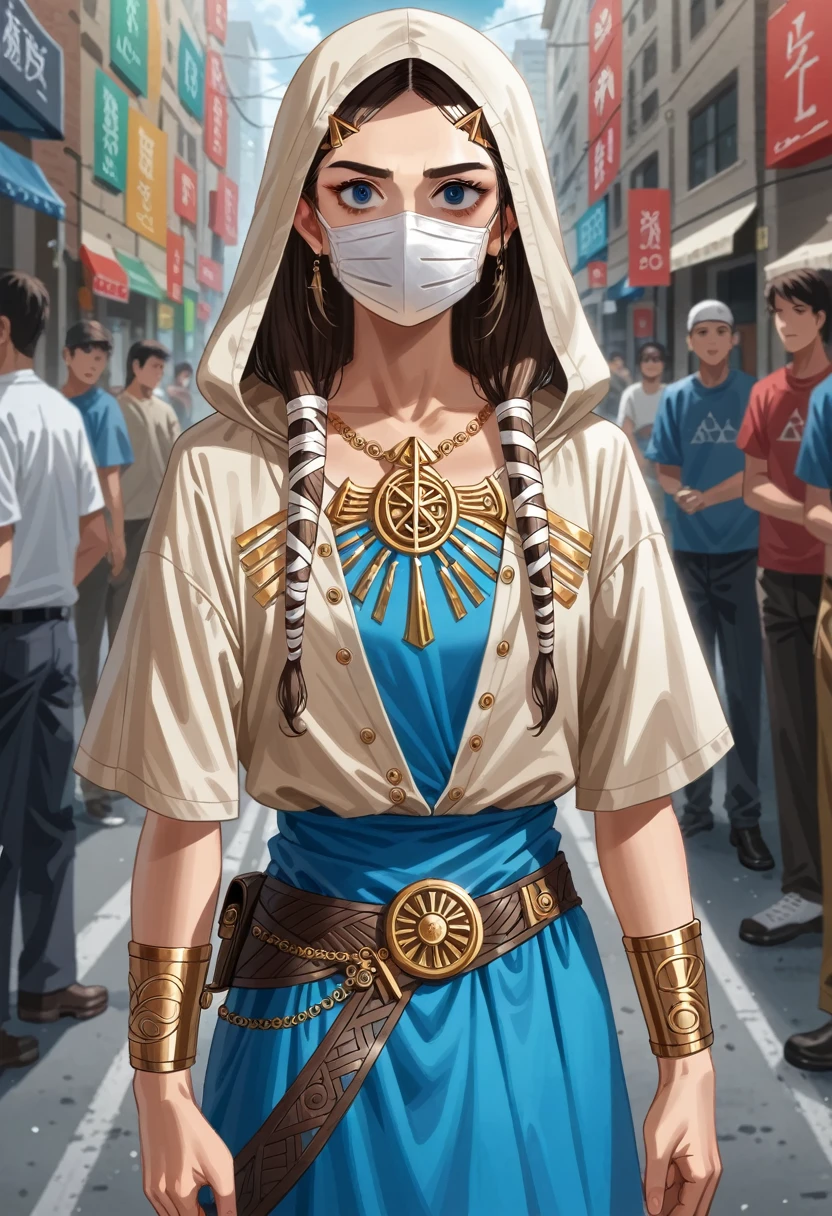 A full-body shot of Princess Zelda (Aubrey Plaza), brown hair, blue eyes, dressed in bodytape as an Assassin from Assassins Creed, in white+gold witha white mask and hood with gold details, XL bust, using a wrist blade. Background: A city during the renaissance period. Unreal Engine 5, Anime, Anime style, Masterpiece, Well drawn eyes, well drawn face, well detailed eyes, well detailed face, 8k, light and shadow effect.
