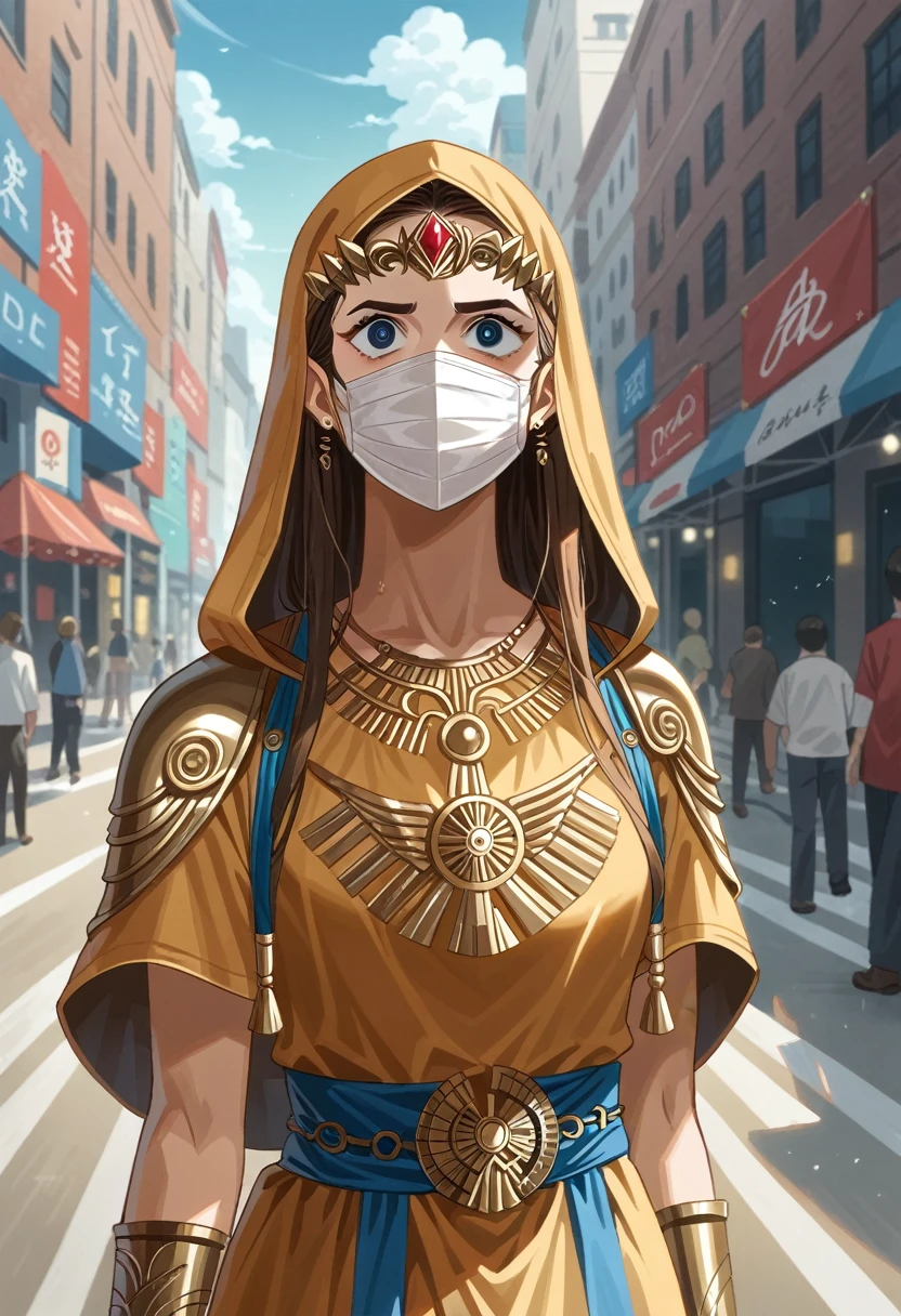 A full-body shot of Princess Zelda (Aubrey Plaza), brown hair, blue eyes, dressed in bodytape as an Assassin from Assassins Creed, in white+gold witha white mask and hood with gold details, XL bust, using a wrist blade. Background: A city during the renaissance period. Unreal Engine 5, Anime, Anime style, Masterpiece, Well drawn eyes, well drawn face, well detailed eyes, well detailed face, 8k, light and shadow effect.
