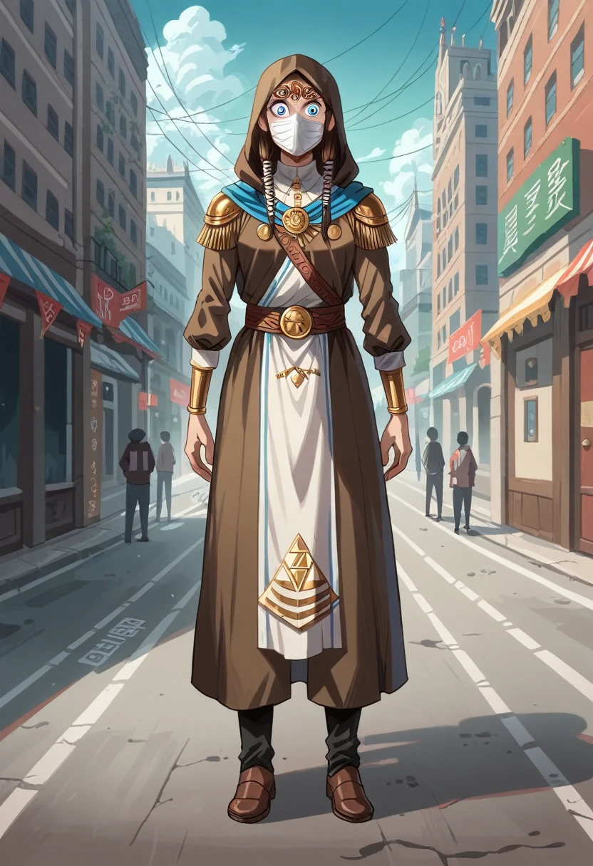 A full-body shot of Princess Zelda (Aubrey Plaza), brown hair, blue eyes, dressed in bodytape as an Assassin from Assassins Creed, in white+gold witha white mask and hood with gold details, XL bust, using a wrist blade. Background: A city during the renaissance period. Unreal Engine 5, Anime, Anime style, Masterpiece, Well drawn eyes, well drawn face, well detailed eyes, well detailed face, 8k, light and shadow effect.
