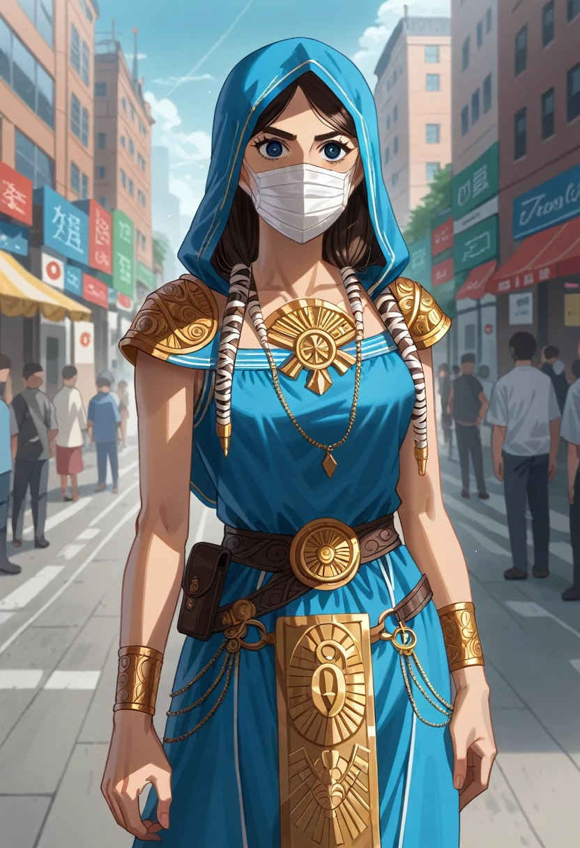 A full-body shot of Princess Zelda (Aubrey Plaza), brown hair, blue eyes, dressed in bodytape as an Assassin from Assassins Creed, in white+gold witha white mask and hood with gold details, XL bust, using a wrist blade. Background: A city during the renaissance period. Unreal Engine 5, Anime, Anime style, Masterpiece, Well drawn eyes, well drawn face, well detailed eyes, well detailed face, 8k, light and shadow effect.
