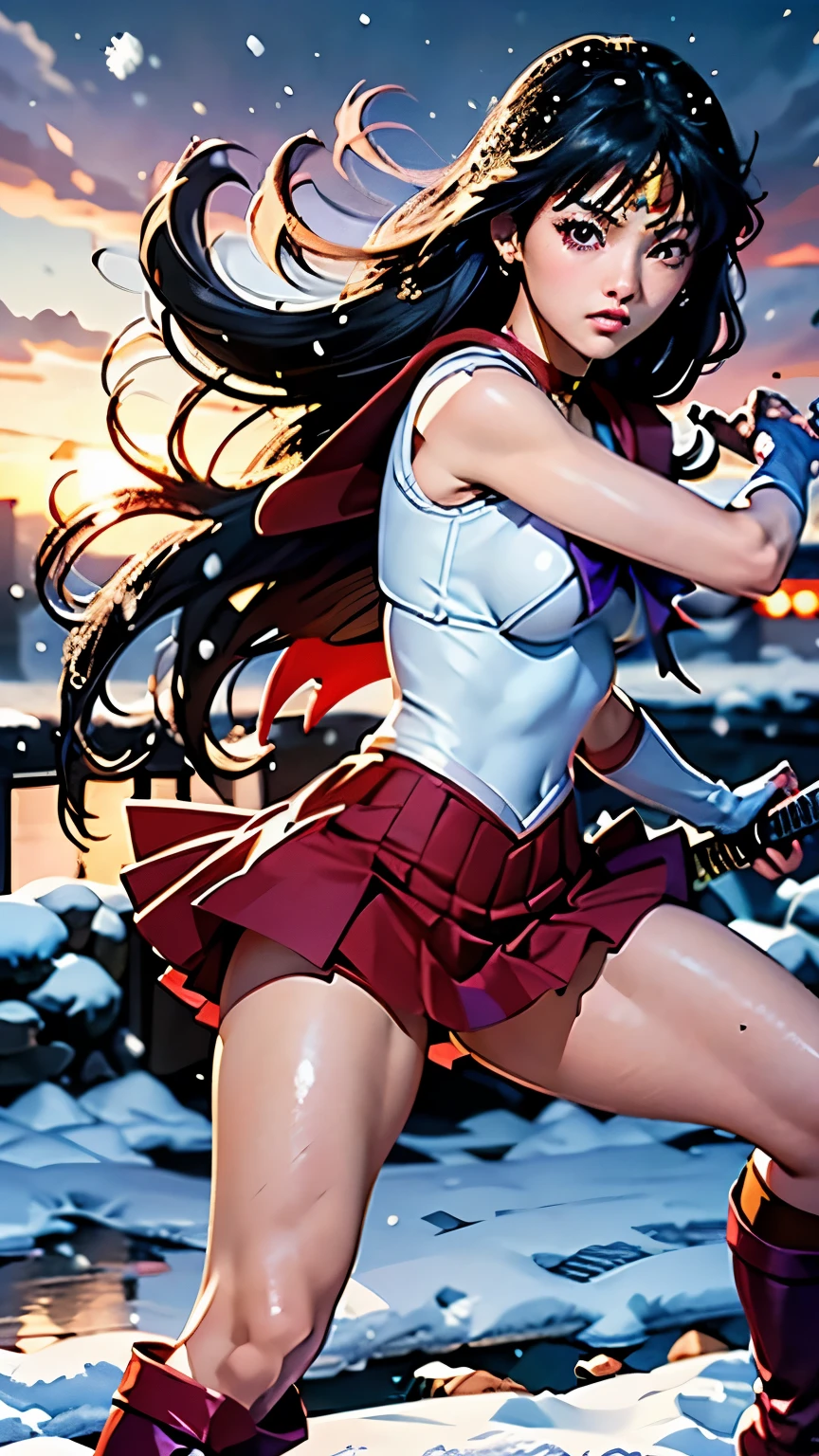 masterpiece、high quality、High resolution、Realistic、professional lighting、Japanese、woman、young、White skin、Toned、muscle、Long legs、Sailor Mars、rei hino、Long black hair, Parted bangs, Purple eyes, Sailor Warrior Uniforms, Star Choker, Red sailor color, Purple ribbon on chest, White leotard, Red pleated skirt, mini skirt, Red knee-high boots, White elbow gloves, assassin、japanese sword、battoujutsu stance,weapon、Combat Ready、Beheading、Slice your enemies into pieces、Drawing the sword、(((snowy)))、(((snowing)))、whole body、Anatomically correct