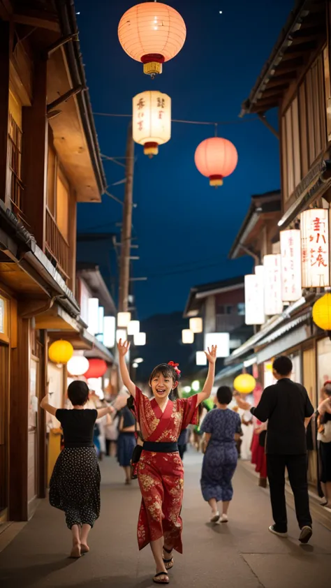 night festival, drumming in the turret, many red lanterns line up from the turret and shine red, a group of people wearing yukat...