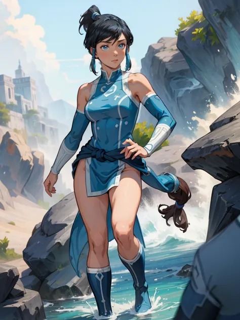 1girl, solo, (masterpiece), best quality, ultra-detailed, korra from avatar, retro style, full body. fashion cloth, fancy. water...