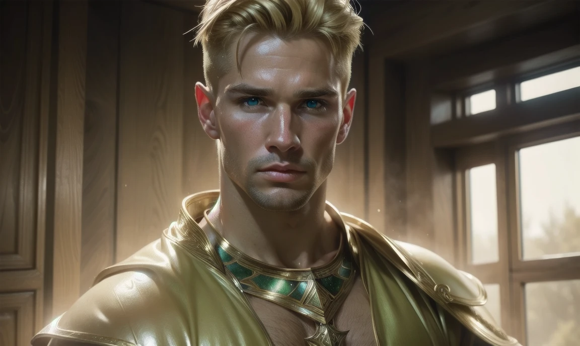 [((highly detailed, detailed eyes, detailed face, clear and realistic facial features, photorealistic, realistic light, cinematic, chest-up shot)), (1 man), Gorgeous and sexy and powerful masculine male angel, (((large wings))), ((faint halo)), ((short blond hair, green eyes)), ((35 years old)), ((wearing flattering angelic clothes)), (((aura of divine power))), standing in a cozy apartment at nighttime, ((light blush)), (((wearing an indignant expression)))]