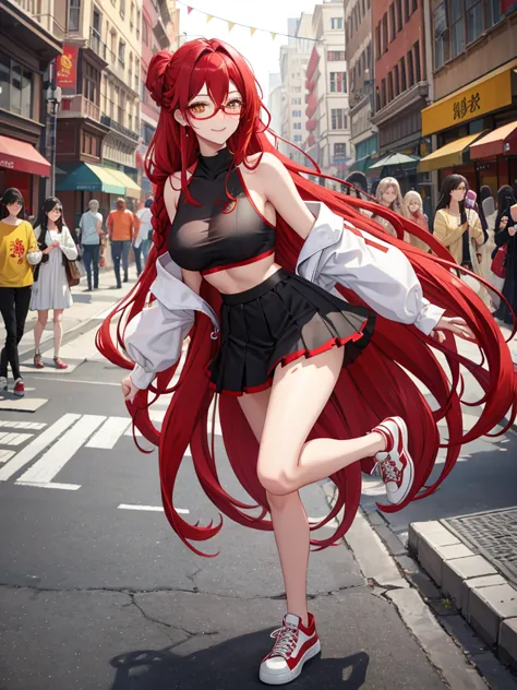 red long hair, yellow eyes, anger ,face mark,big breasts,smile , lips parted, happy, mini skirt, bra, white sneakers, skirt hold...