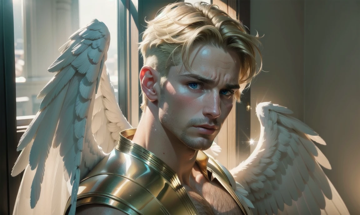 [((highly detailed, detailed eyes, detailed face, clear and realistic facial features, photorealistic, realistic light, cinematic, chest-up shot)), (1 man), Gorgeous and sexy and powerful masculine male angel, (((large wings))), ((faint halo)), ((short blond hair, green eyes)), ((35 years old)), ((wearing flattering angelic clothes)), (((aura of divine power))), standing in a cozy apartment at nighttime, ((light blush)), (((wearing an indignant expression)))]