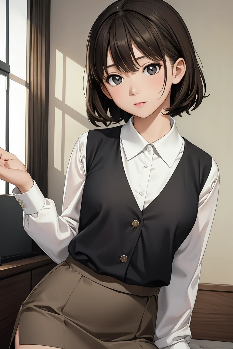 ((masterpiece, Highest quality; 1.3)), Highest quality, Beautiful details, Very detailed, Ultra-fine, 16K, Exquisite, Absurd, High resolution, Beautiful background, Detailed Background, Beautiful Eyes, Beautiful Skin, Anime Style, Real Stick, Very detailed, Very detailed, Detailed Lora,High resolution, Detailed face, Perfect Face, fine grain, Perfect Eyes, Expressive eyes, Perfect Anatomy, (視聴者に向けてキックをしているAnnie), 1 girl, alone,  Nervous, Annie, short hair, Black Hair, iris, White shirt, Brown vest, Brown mini skirt, Big Breasts,Tight waist, Cowboy Shot, Black catを抱く女の子、Cute girl、Brown Hair、Black cat、Natural look、Long Shot、Natural light