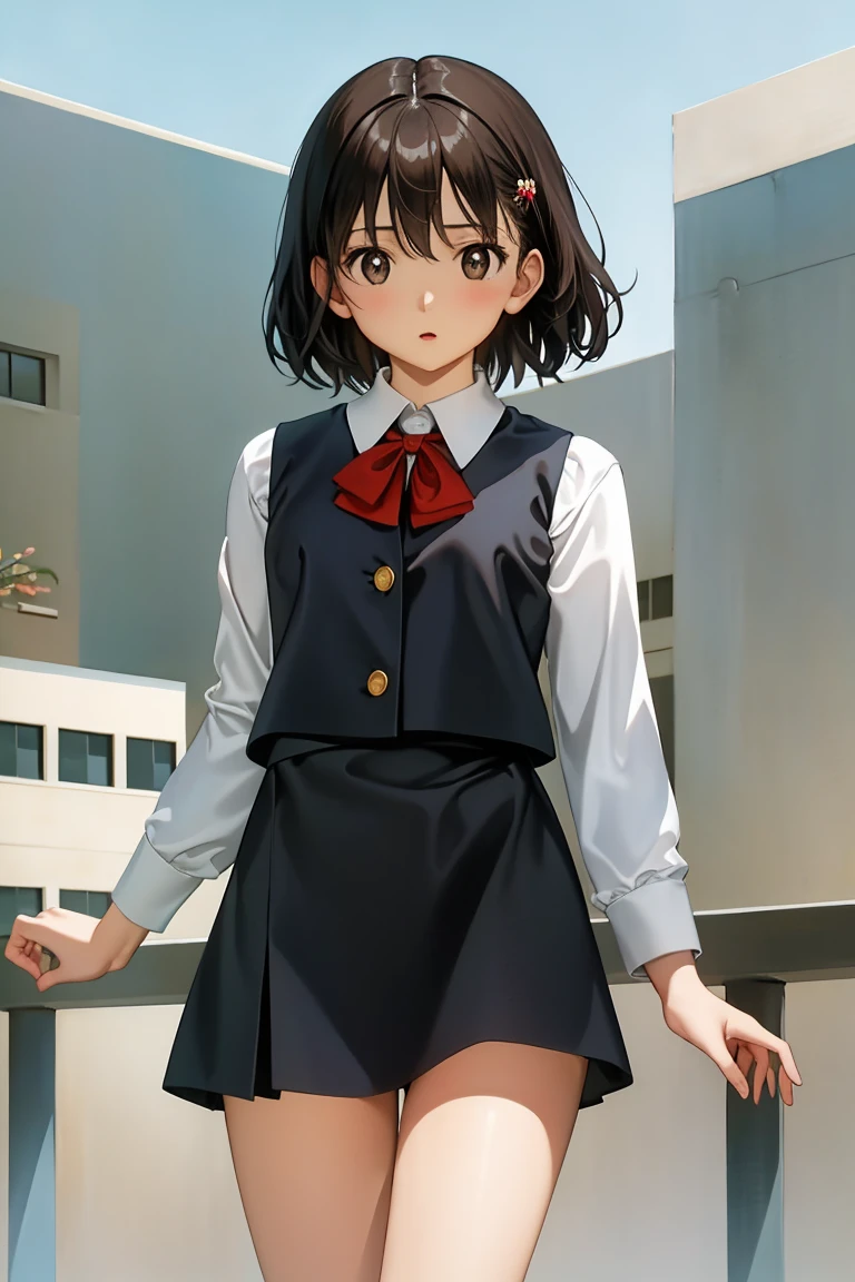 ((masterpiece, Highest quality; 1.3)), Highest quality, Beautiful details, Very detailed, Ultra-fine, 16K, Exquisite, Absurd, High resolution, Beautiful background, Detailed Background, Beautiful Eyes, Beautiful Skin, Anime Style, Real Stick, Very detailed, Very detailed, Detailed Lora,High resolution, Detailed face, Perfect Face, fine grain, Perfect Eyes, Expressive eyes, Perfect Anatomy, (視聴者に向けてキックをしているAnnie), 1 girl, alone, Nervous, Annie, short hair, Black Hair, iris, White shirt, Brown vest, Brown mini skirt, Big Breasts,Tight waist, Cowboy Shot, Black catを抱く女の子、Cute girl、Brown Hair、Black cat、Natural look、Long Shot、Natural light