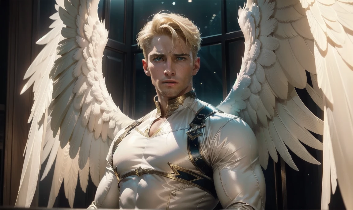 [((highly detailed, detailed eyes, detailed face, clear and realistic facial features, photorealistic, realistic light, cinematic, chest-up shot)), (1 man), (((((Gorgeous perfect sexy powerful masculine male angel))))), (((one pair of large wings))), ((faint halo)), ((short blond hair, green eyes)), ((35 years old)), ((wearing flattering angelic clothes)), (((aura of divine power))), standing in a cozy apartment at nighttime, ((light blush)), (((wearing an indignant expression)))]