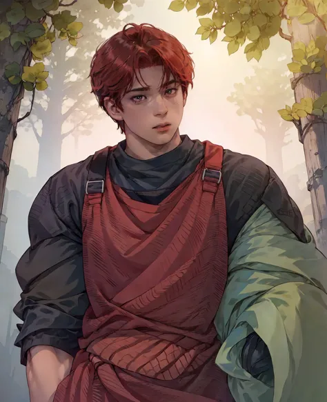 a young man with beautiful red hair, piercing red eyes, wearing normal villager clothes, detailed facial features, realistic por...